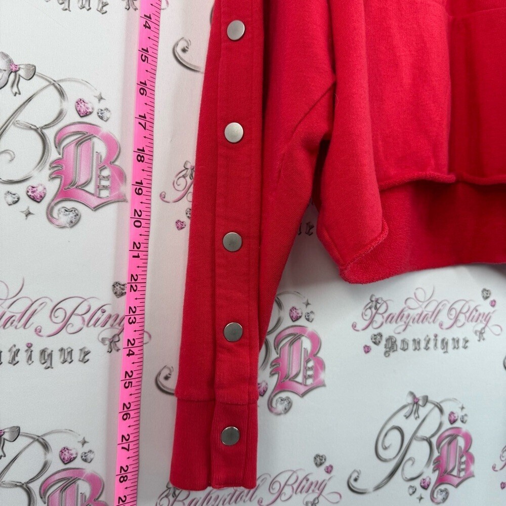 PINK Victoria's Secret sweater logo on back Red Button-Sleeve Cropped Sweatshirt - Picture 3 of 13